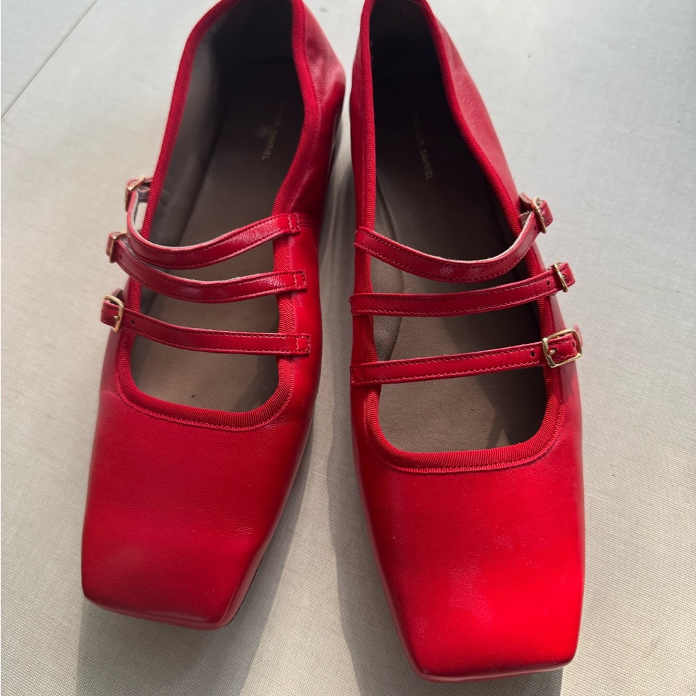 Mansur Gavriel Red Triple-Strap Mary Jane Flats
